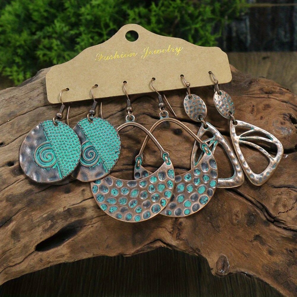 3 Pair Bohemian Bronze Turquoise Earrings